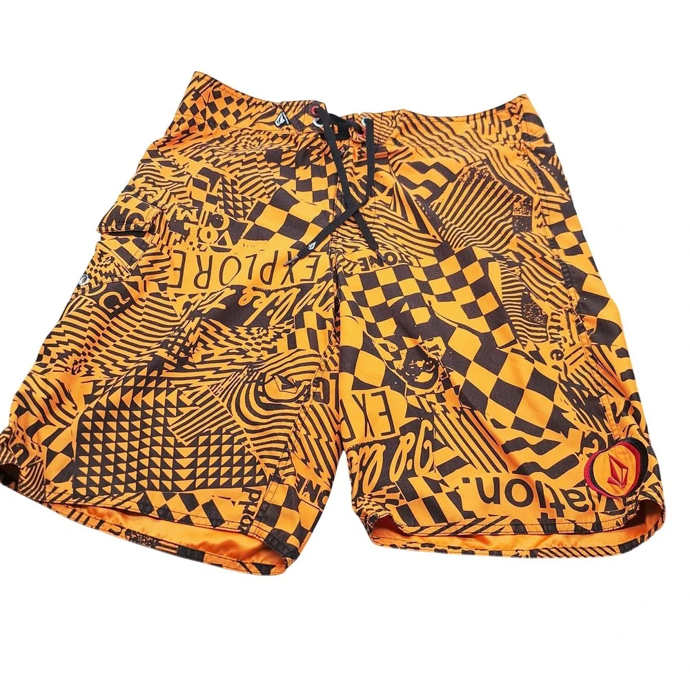 Volcom Board Shorts Mens 36 Orange Black Graphic Print Swim Trunks Cargo Pocket